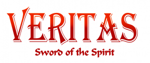 Red font that says Veritas in large letters with smaller font below that says sword of the spirit.