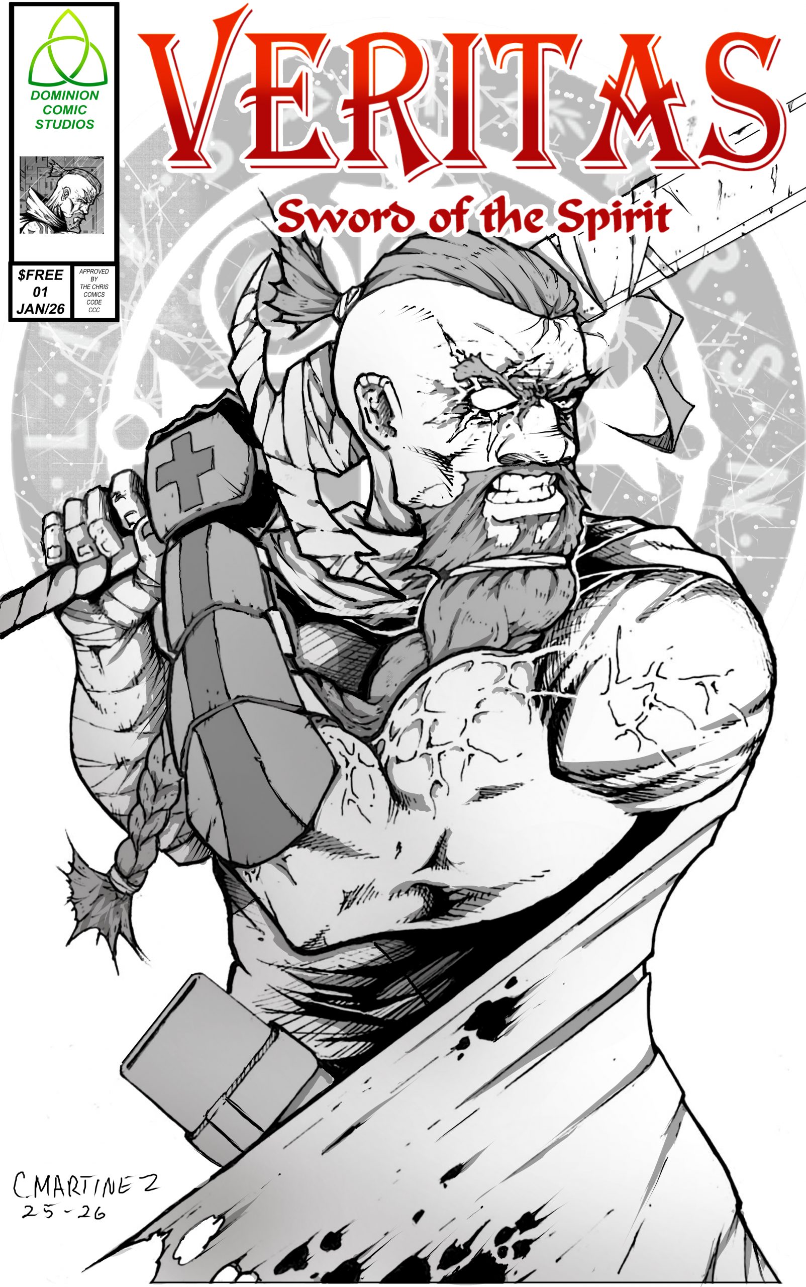 Comic cover image that says Veritas: Sword of the Spirit webcomic. An old man with a sword that looks like a Viking. 